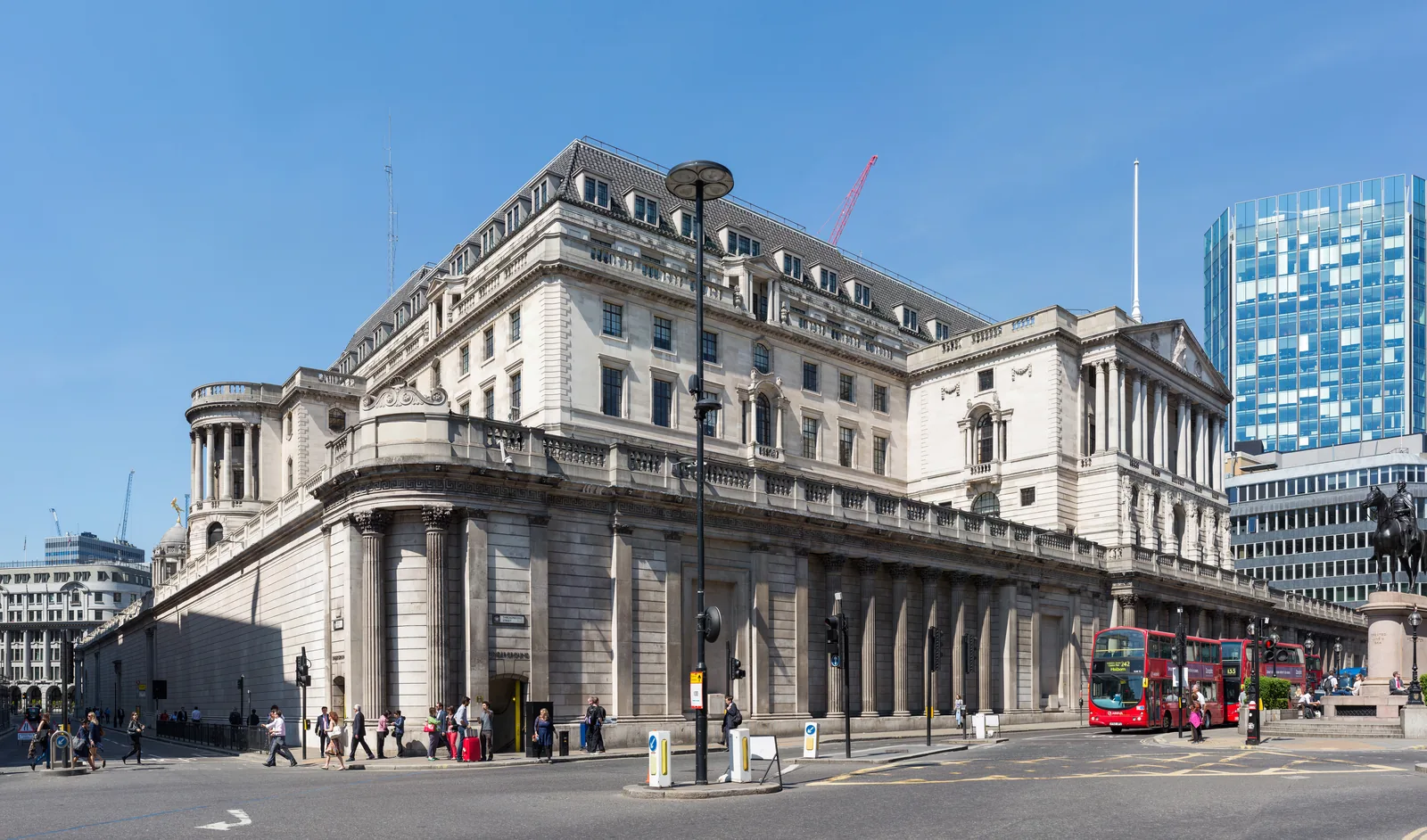 The Bank of England building in London, seen from Lombard Street
