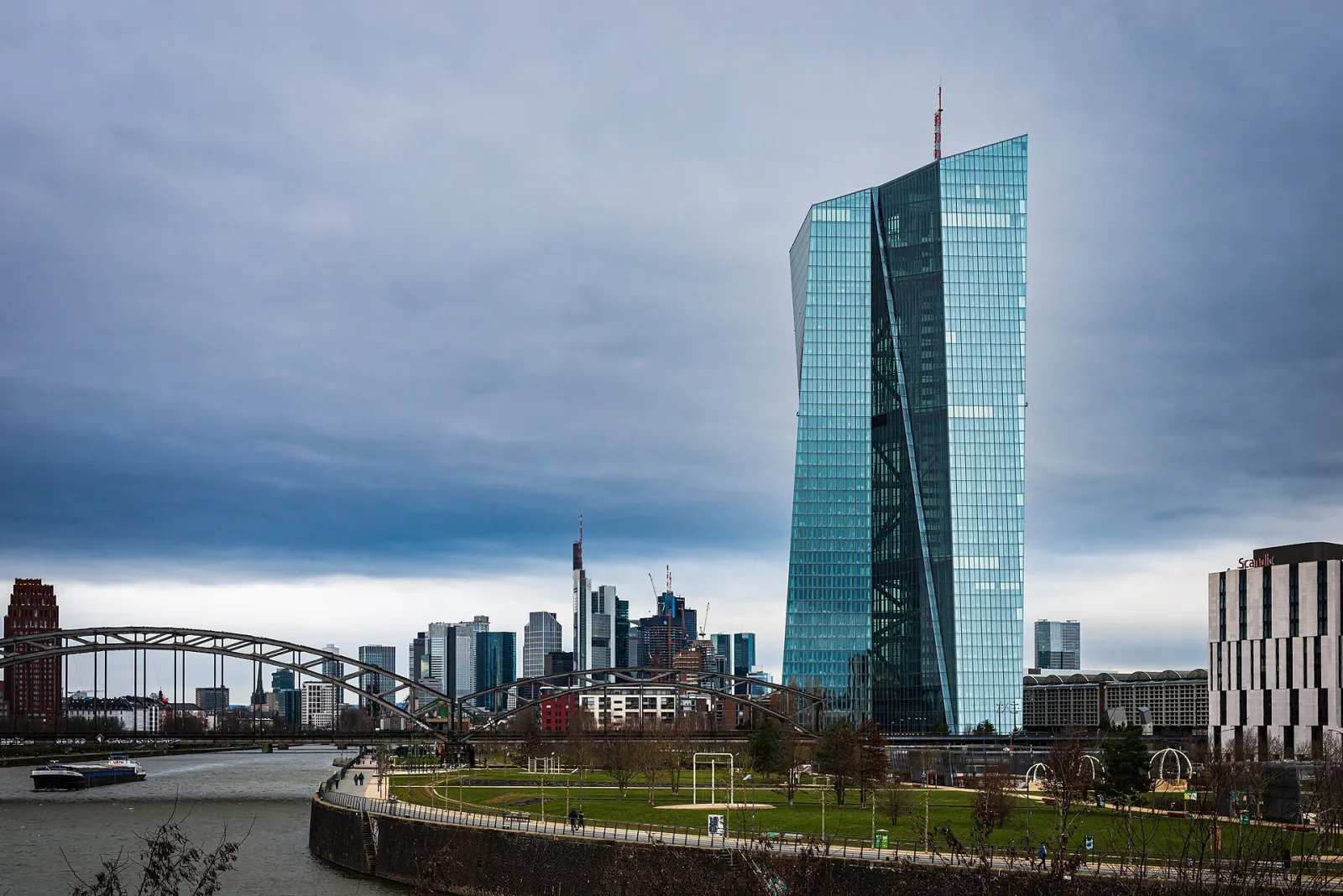 European Central Bank headquarters tower on the River Main with the Frankfurt skyline