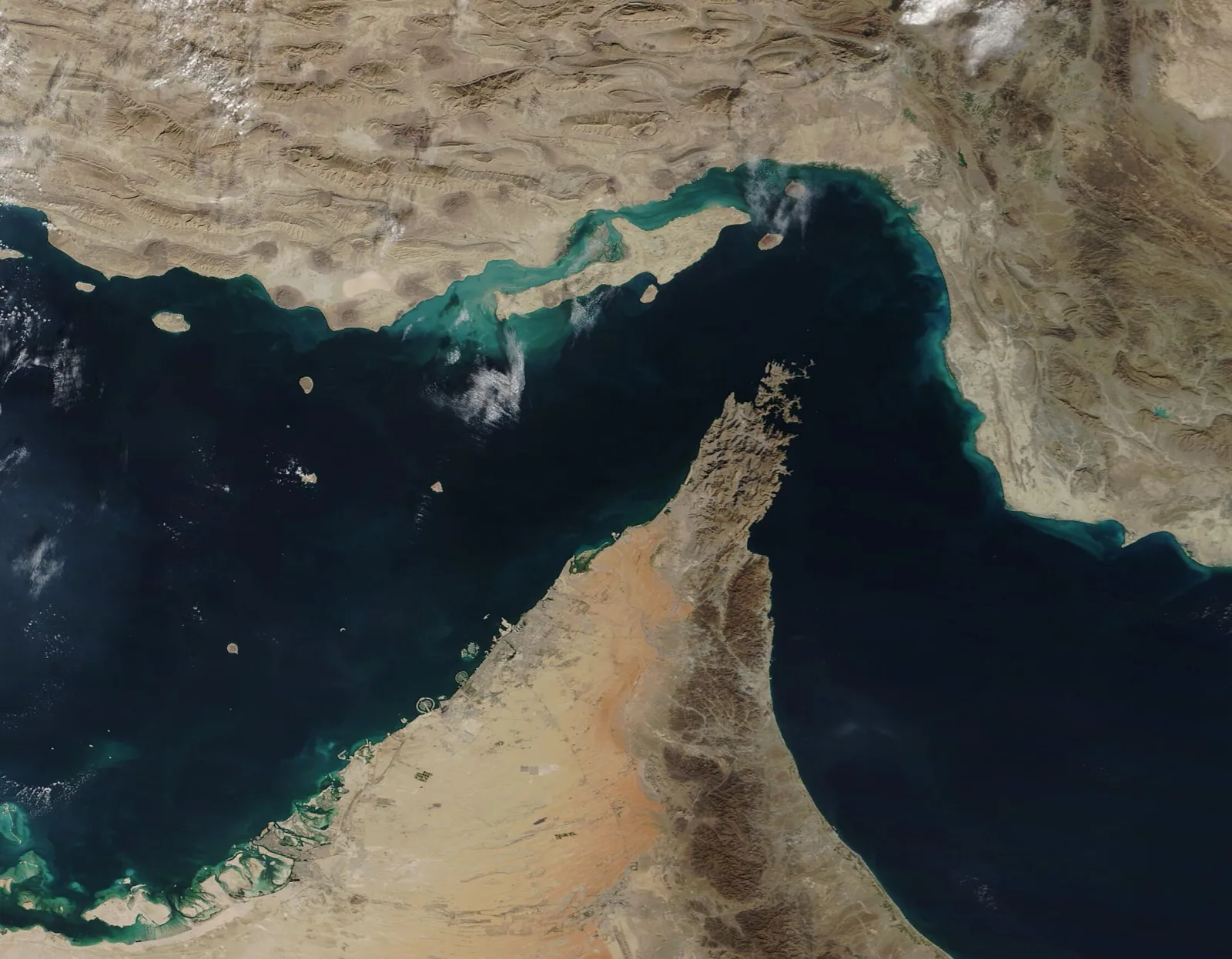 NASA MODIS satellite image of the Strait of Hormuz and the Musandam Peninsula
