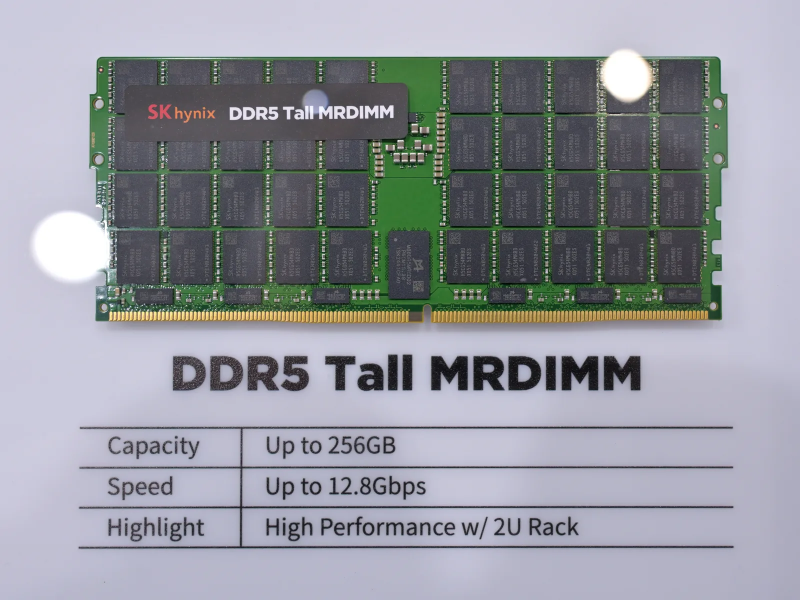 South Korean SK hynix's DDR5 Tall MRDIMM server memory module on a trade-show stand with a spec panel