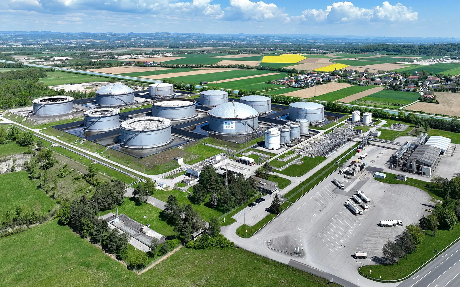 Aerial view of the St. Valentin fuel tank farm: storage tanks and the tanker loading area