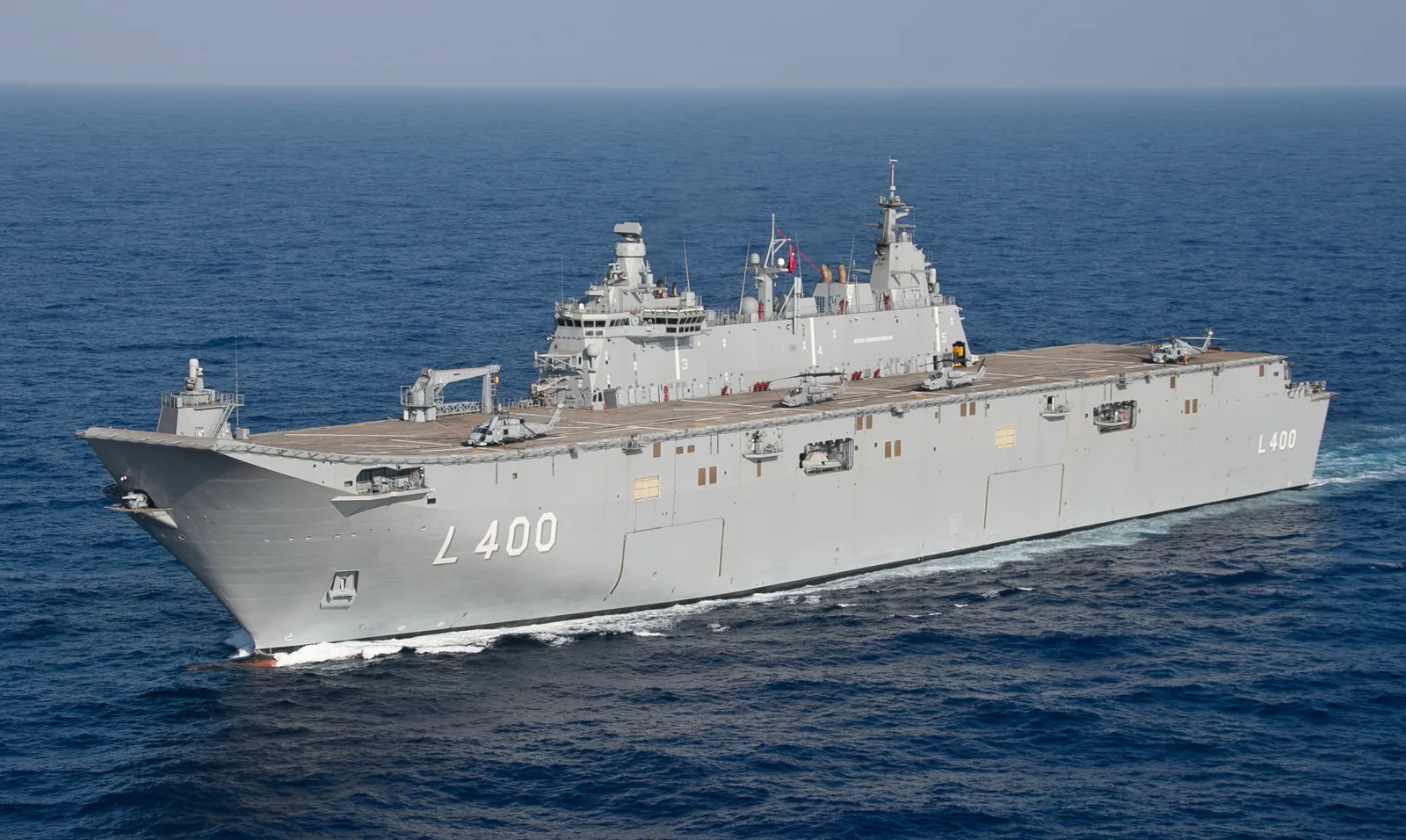 Turkish Navy amphibious assault ship TCG Anadolu under way in the Mediterranean Sea