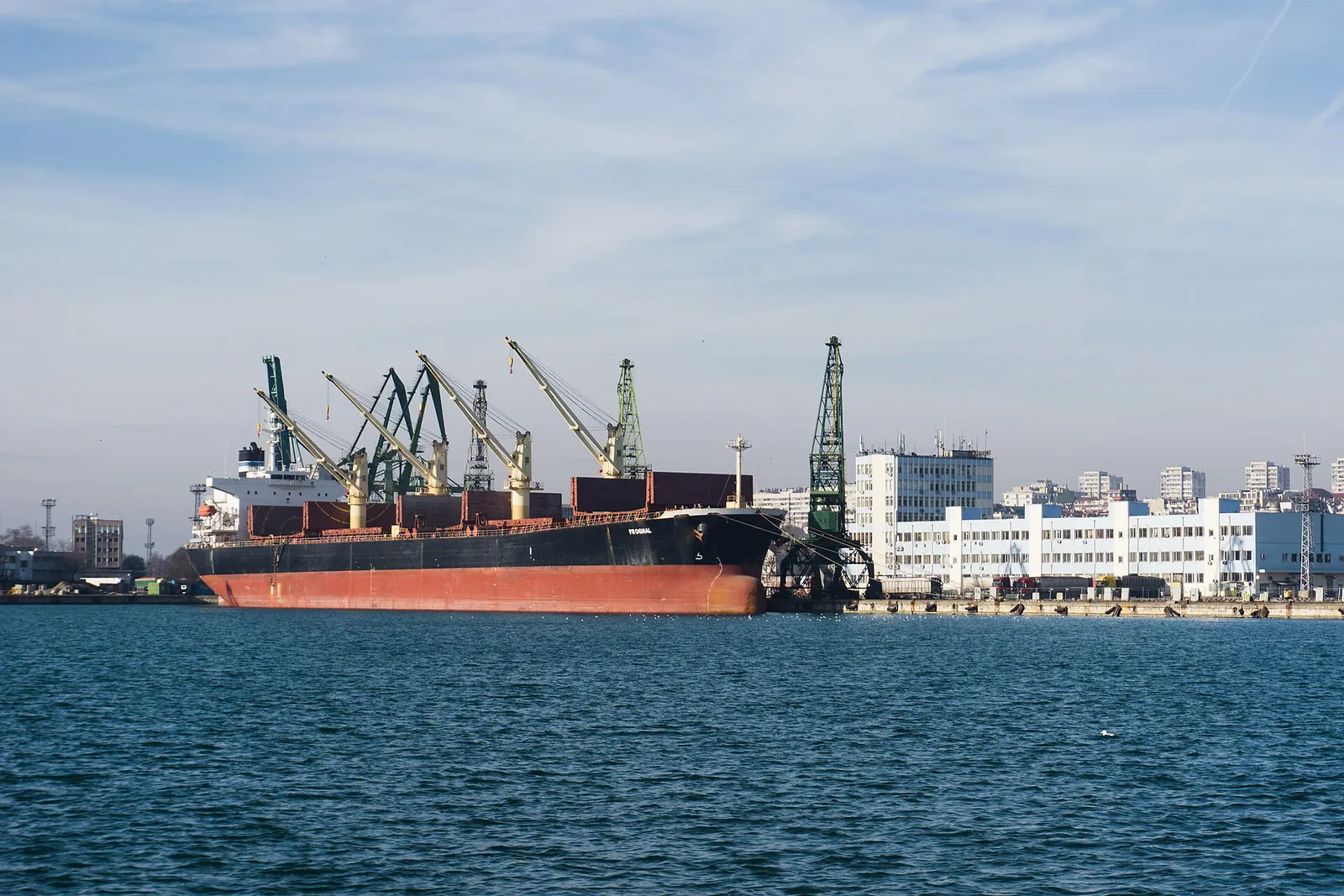 A black-hulled bulk carrier loading under cranes at the port of Varna, with port buildings behind